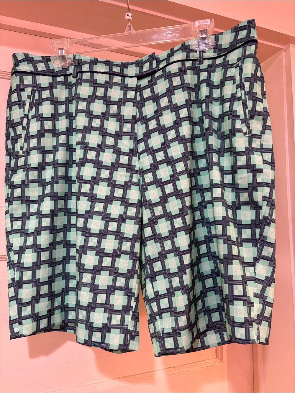Lady Hagen Mint Green and Navy Grid-Print Flat Front Shorts